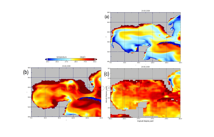 Рис. 2. ТПО (°C) в Мексиканском заливе (модель Северной Атлантики) за 2008-06-29 (a) в базовом эксперименте (А01);  (b) в эксперименте с усвоением методом EnOI (А03);  (c) спутниковые данные наблюдений ARMOR 3d