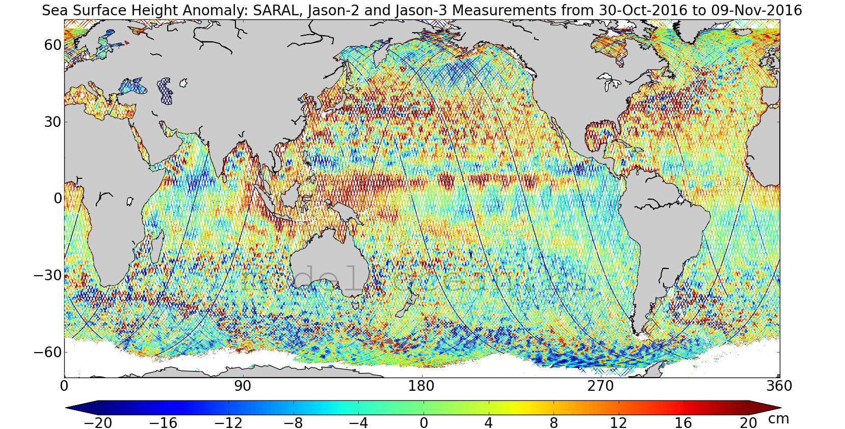 Рис. 2. Суточная выборка измерений аномалии уровня океана (SLA), полученная в режиме приближенного к реальному времени (near-real time) вдоль трека спутника Jason-2 [NASA Along-Track]. Jason-1(2,3)