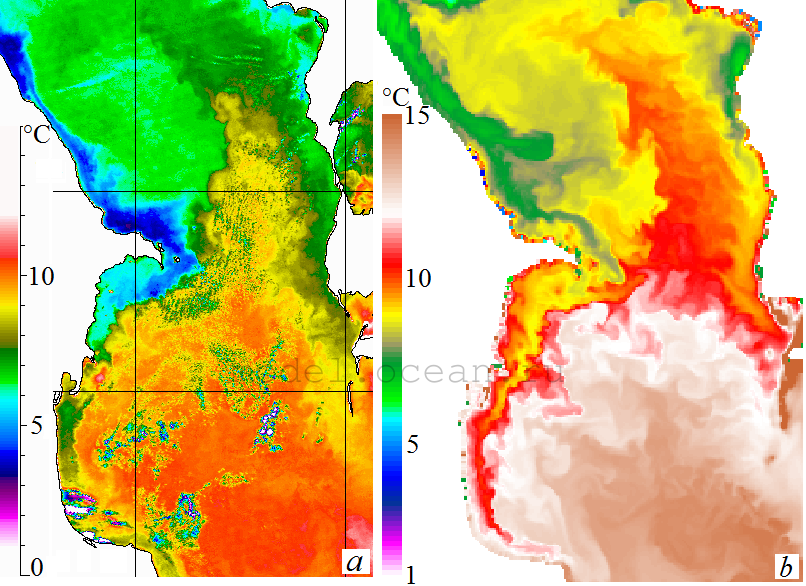 ИК-изображение ТПМ (NOAA-16) и ТПМ на глубине 1 м (модель): 31/03/2003, 9:46 GMT
