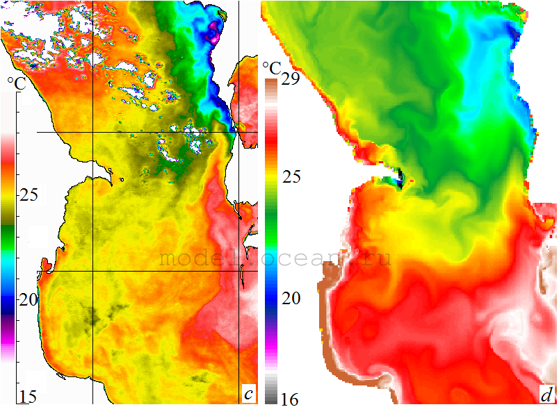 ИК-изображение ТПМ (NOAA-16) и ТПМ на глубине 1 м (модель): 01.08.2003, 22:33 GMT