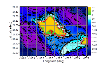 Рис. 2. Топография дна океана в районе о-ва Оаху. Данные GEBCO, 2003