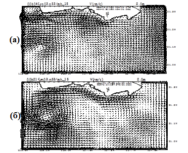 Рис. 3. Поверхностные течения в бухте Мамала по состоянию на а) 0 часов 6 сентября 2003 года и на б) 0 часов 21 сентября 2003 года. Решение локальной модели. (Саркисян, Ибраев, 2006, неопубликованный отчет)