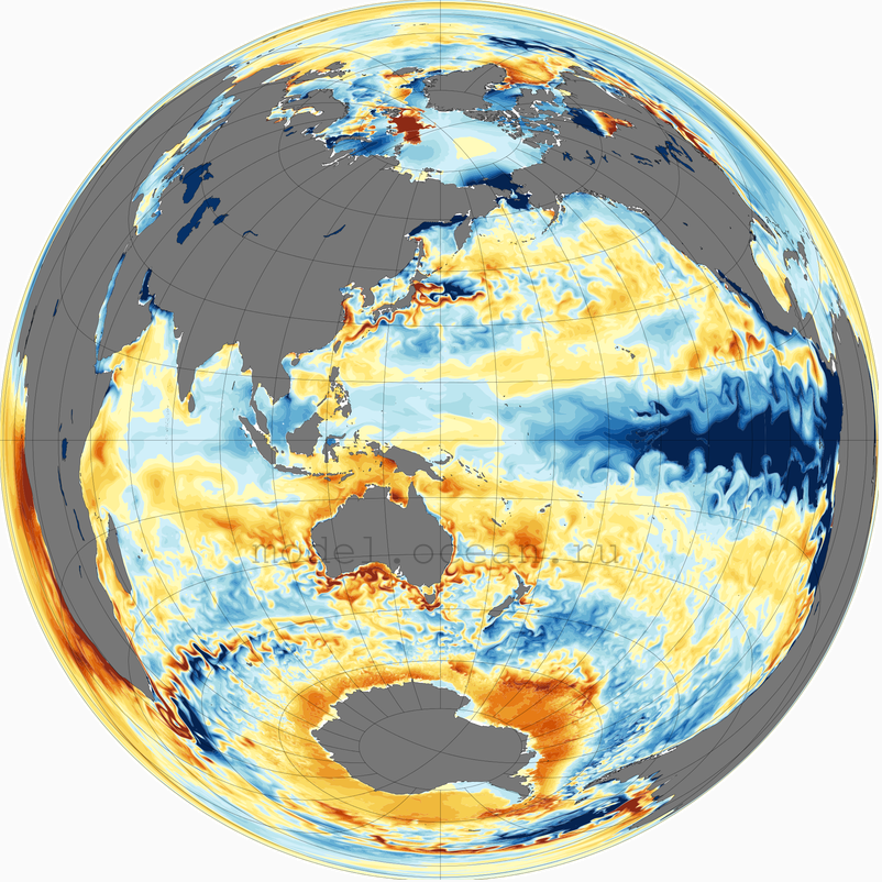 Аномалия ТПО в модели ИВМИО-global01 относительно среднегодовой климатологии WOA09